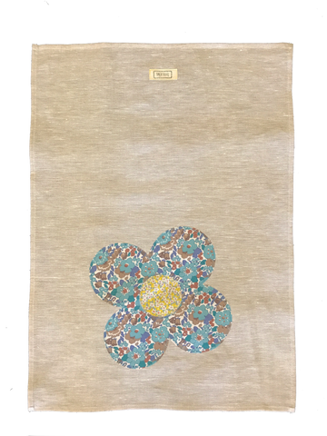 Linen tea towel with Liberty flower appliqué in Australia