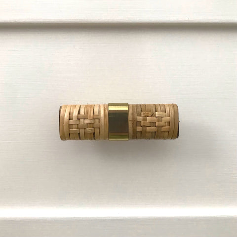 Woven Rattan T Bar drawer Pull / Handle with Gold Brass strap - Small 7.5cm