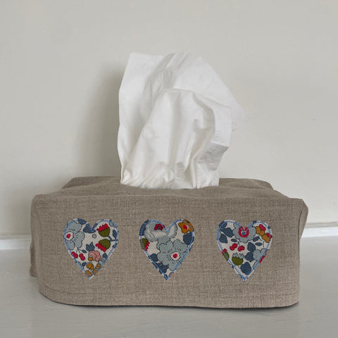 Rectangle Tissue Box Cover, Natural Linen, appliquéd with 3 small hearts in Liberty Lawn