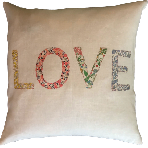 LOVE cushion 50x50cm, Liberty Lawn on 100% Linen - White colour